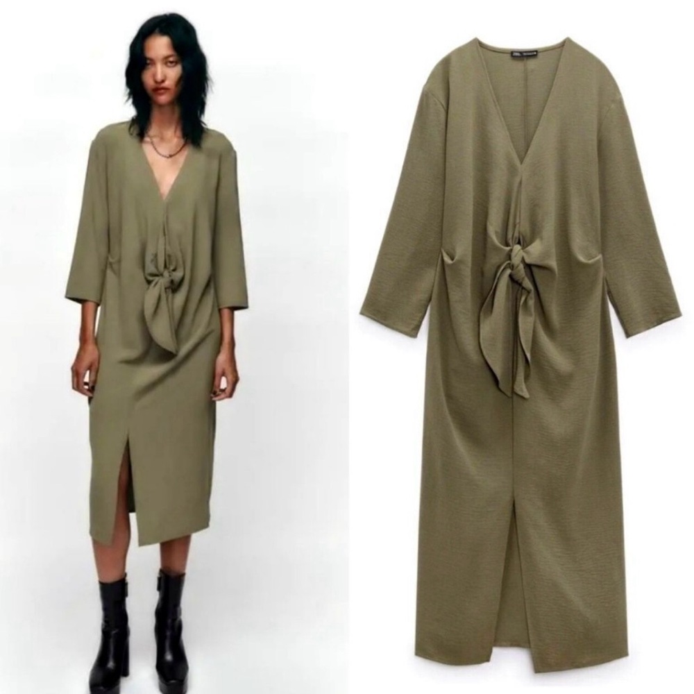 Zara Khaki Tie-Front Midi Dress size Small NWT.